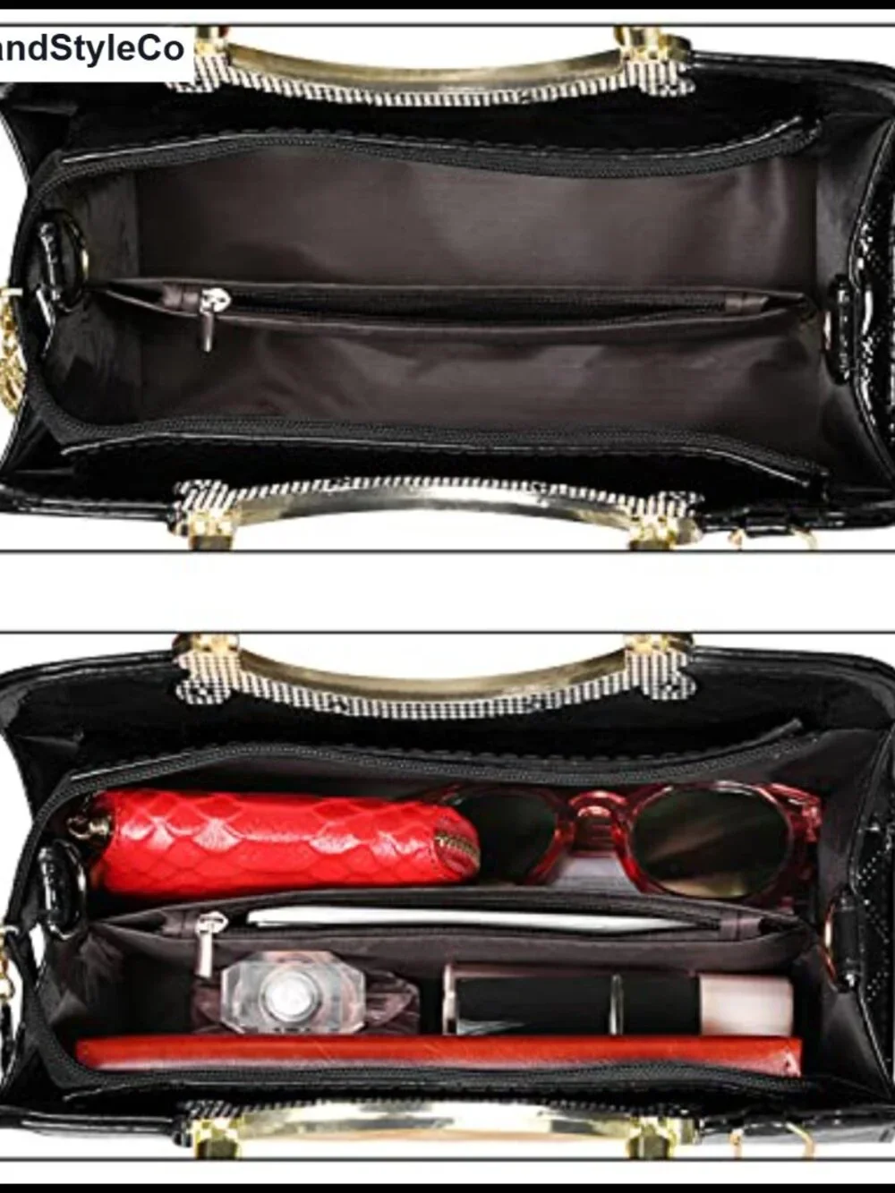 Women's Faux Leather Patent Satchel Handbag with Pearl Charm - Crossbody